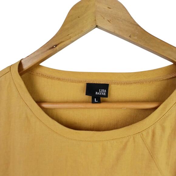 Lisa Bayne SZ L 100% Linen Cleo Mustard Yellow Asymmetrical Top Lagenlook - Picture 3 of 5